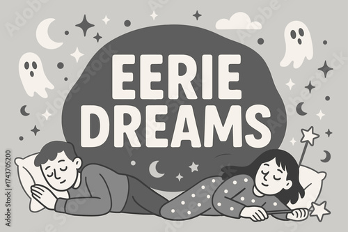 Eerie Dreams Illustration. EerieDreams banner, flat vector illustration, bold oversized text inside rounded blob, cartoon characters lying and dreaming near