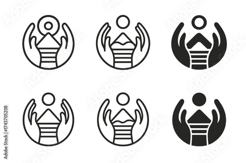 Environmental Justice Logos. Environmental justice. Set Logo of Environmental justice: Indigenous land symbol (hands protecting landscape). harmonious logo