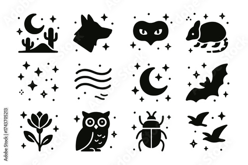 Desert Night Icons. Desert night life. Solid icons set of desert moon, night predator, glowing eyes, nocturnal animal, desert stars, cool breeze, desert night