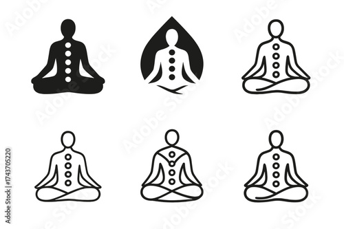 Chakra Wellness Logo Variations. Yoga, mindfulness, and self-care practices inspiring well-being. Set Logo of Wellness: person with chakras icon. harmonious