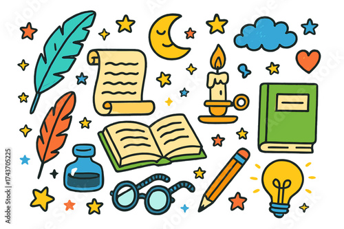 Creative Writing Doodles. Creative Writing. Colorful Hand-drawn doodle Children illustration Quill, scroll, book, candle, ink bottle, feather, stars, moon,