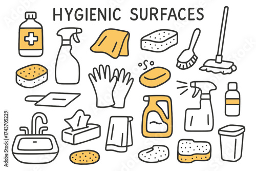 Hygienic Cleaning Tools. Hygienic Surfaces. Hand-drawn doodle illustration hygienic surfaces disinfectant bottle (accented), spray bottle, cloth (accented),