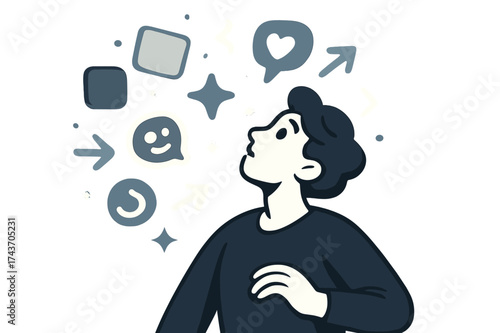 Curiosity and Shapes. Curiosity above. A person tilting their head up at floating geometric shapes, stars, and playful icons glowing in the air. Modern flat