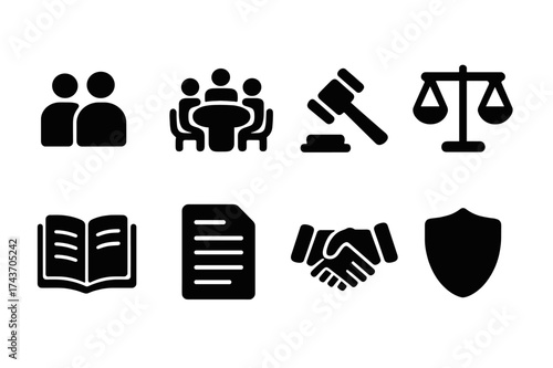 Ethics Committee Icons. Ethics committee. Filled icon set of Ethics committee: group of people, round table,