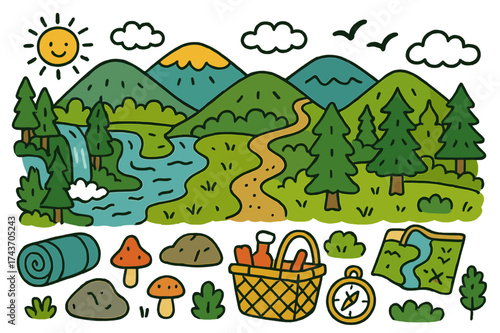 Appalachian Adventure Icons. Appalachian Mountains. Colorful Hand-drawn doodle Children illustration Rolling hills, forest, hiking trail, river, waterfall,