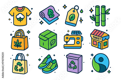 Sustainable Fashion Icons. Sustainable fashion. Colorful isometric vector icons set of sustainable fashion: organic cotton shirt, recycled fabric, eco-label