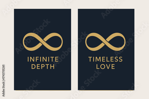 Elegant Infinity Waves. Eternity. Two vertical A6 banners with safe margins, centered composition, no elements touching edges, modern minimal, navy and gold,