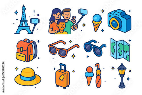 Eiffel Tower Selfie Fun. Group selfie. Colorful isometric vector icons set of a group of friends taking a selfie in front of a famous landmark: Eiffel Tower,