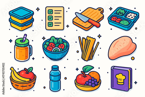 Colorful Meal Planning Icons. Meal planning. Colorful isometric vector icons set of meal planning: meal prep containers, grocery list, chopping board, chef