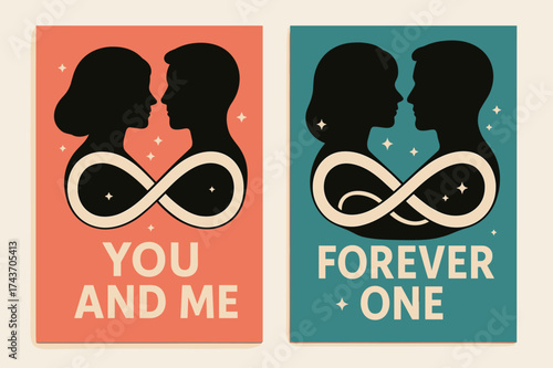 Soulmates Forever Art. Soulmates. Two vertical A6 banners, modern, coral and teal backgrounds, two silhouettes with intertwined infinity ribbons and tiny