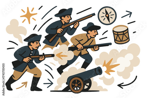 Gunpowder Battlefield Artistry. Gunpowder age. Soldiers glowing with muskets and cannons firing smoke across battlefield. Floating spark, compass, and drum