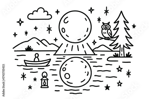 Moonlight Reflection Scene. Moonlight Reflection. Hand-drawn doodle illustration moonlight reflection moon, water surface, ripples, stars, cloud,