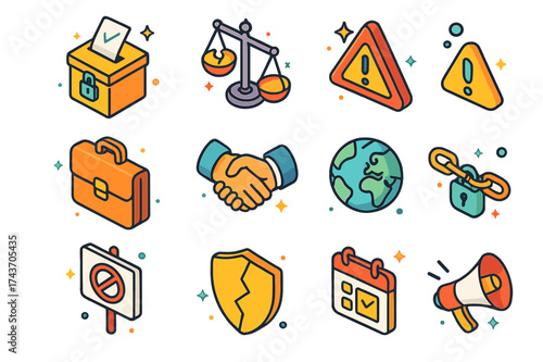 Isometric Corruption Icons. Corruption. Colorful isometric vector icons set of corruption: ballot box, broken scales, warning triangle, briefcase, handshake,