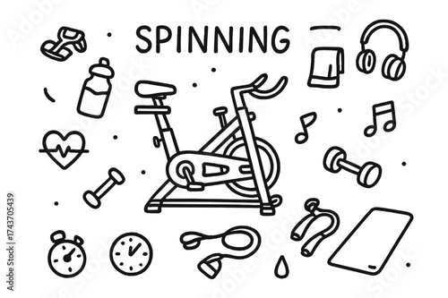Gym Essentials Doodle. Spinning. Hand-drawn doodle illustration spinning stationary bike, pedals, water bottle, towel, heart rate monitor, music