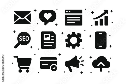Digital Marketing Icons. Digital Marketing. Solid icons set of email, social media, website, analytics, SEO, blog, content management, smartphone, shopping