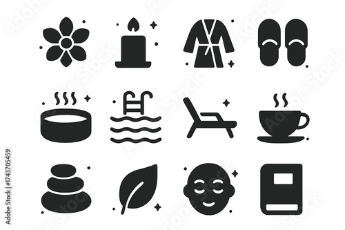Relaxation Icons Set. Relaxation. Solid icons set of Relaxation: spa flower, candle, bathrobe, slippers, hot tub, swimming pool, lounge chair, tea cup, massage