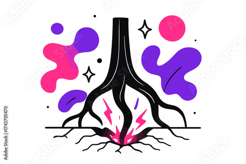 Vibrant Root Energy. Exposed root. A large root breaking through the ground, glowing sparks and abstract shapes around it symbolizing hidden power. Modern