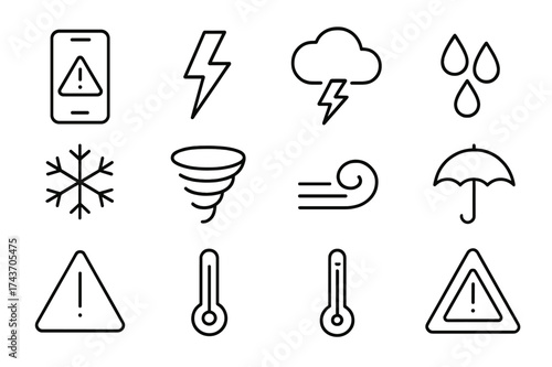 Severe Weather Icons. Severe weather alerts. Line icon set of severe weather alerts: smartphone, thunderbolt, storm cloud, raindrops, snowflake, tornado, wind