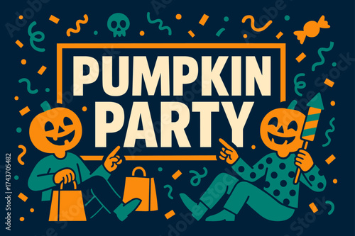Pumpkin Party Banner. Pumpkin Party banner, flat vector illustration, bold oversized text inside rectangular frame, cartoon characters sitting and pointing,