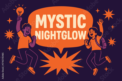 Mystic Night Glow. MysticNightGlow banner, flat vector illustration, bold oversized text inside rounded blob, cartoon characters jumping and cheering near
