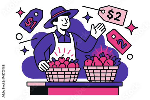Vibrant Market Scene. Market day. A farmer presenting baskets of glowing produce at a stall, abstract floating price tags and stars symbolizing trade and