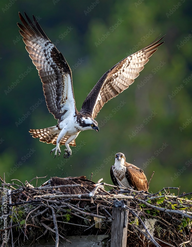 Fototapeta premium An osprey returning to nest, wings spread