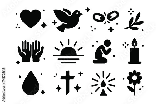Symbols of Forgiveness. Forgiveness. Solid icons set of Forgiveness: heart, dove, broken chain, open hands, sunbeam, olive branch, water droplet, kneeling
