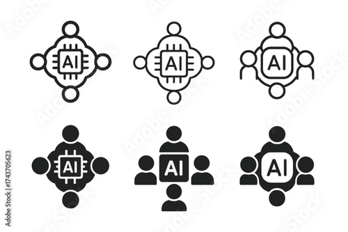 AI Ethics Logos. Ethical AI coder collectives. Set Logo of AI ethics: open-source AI collaboration icon. harmonious logo variations of the same emblematic