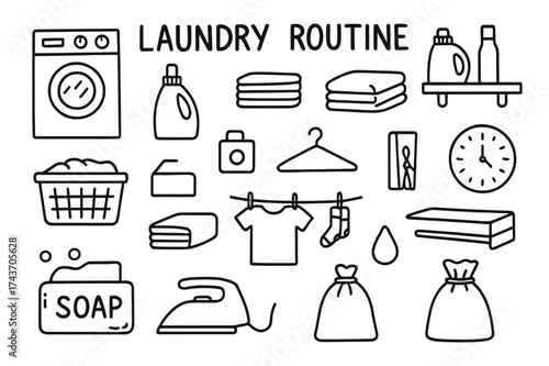Laundry Routine Icons. Laundry Routine. Hand-drawn doodle illustration Laundry Routine washing machine, dryer, detergent bottle, towel stack, laundry basket,