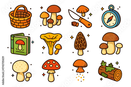 Mushroom Foraging Icons. Wild mushroom foraging. Colorful isometric vector icons set of wild mushroom foraging: wicker basket, forest mushrooms, mushroom