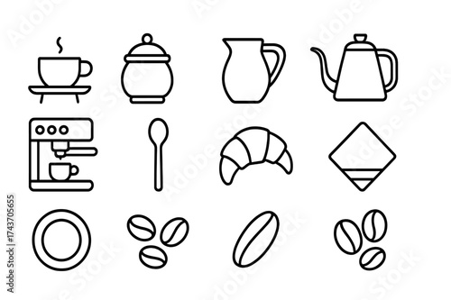 Coffee Setup Icons. Home coffee setup. Line icon set of home coffee setup: coffee cup, saucer, table, sugar bowl, milk jug, kettle, espresso machine, spoon,