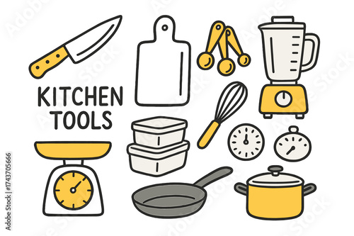 Colorful Kitchen Doodles. Kitchen Tools. Hand-drawn doodle illustration knife (colored), chopping board, measuring spoons (colored), blender, food scale