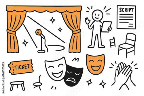 Theater Doodle Highlights. Theater Stage. Hand-drawn doodle illustration stage curtains (colored), spotlight, microphone stand (colored), actor, script, comedy