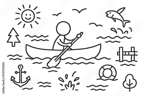 Rowing Adventure Doodle. Rowing a boat. Hand-drawn doodle illustration rowing a boat canoe with oars, rower figure, wave doodles, anchor icon, fish leaping,
