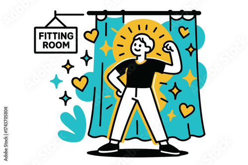 Radiant Confidence. Fitting room. A glowing person standing in front of a curtain with abstract floating hearts, stars, and sparkles symbolizing confidence and