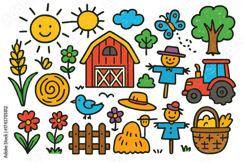 Farm Life Doodles. Rural Landscape. Colorful Hand-drawn doodle Children illustration barn, wheat stalk, tractor, hay bale, tree, fence, sun, cloud, scarecrow,