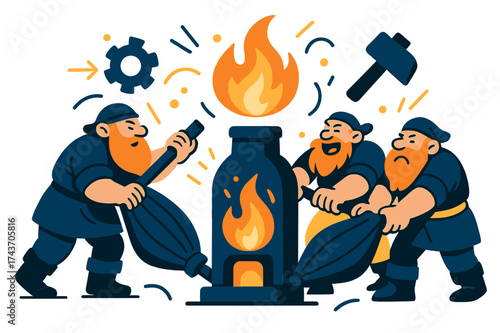 Dwarven Forge Fire. Forge fire. Dwarves glowing as they pump massive bellows to keep central furnace alive. Floating flame, gear, and hammer icons symbolizing