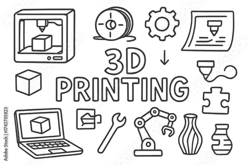 3D Printing Doodle. 3D Printing. Hand-drawn doodle illustration of 3D Printing. 3D printer, filament spool,