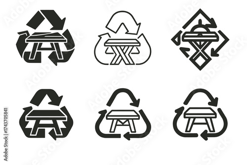 Repurposed Furniture Logos. Upcycling and repurposing furniture. Set Logo of Upcycling and repurposing furniture: Reclaimed wood dining table. harmonious logo