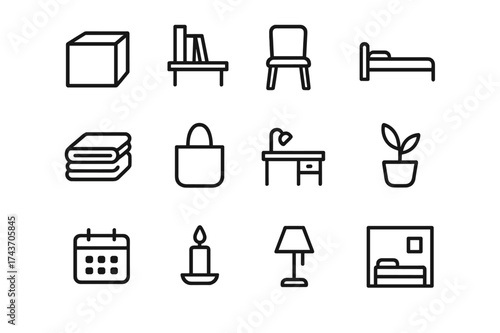 Minimalist Line Icons. Minimalism. Line icon set of Minimalism: empty box, tidy shelf, single chair, simple bed, folded clothes, reusable bag, clean desk,