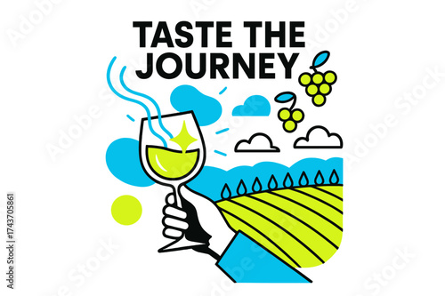 Wine Tasting Journey. Wine Tasting Moment. Person holding glowing wine glass against vineyard view, abstract