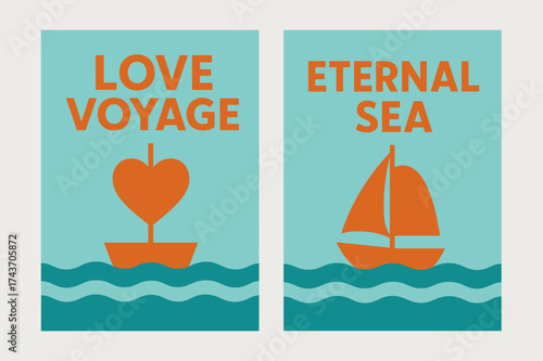 Love Voyage Banners. Love Voyage. Two vertical A6 banners with safe margins, centered composition, no elements touching edges, flat vector design, turquoise