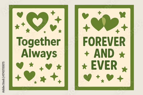 Affection in Banners. Affection. Two vertical A6 banners with safe margins, centered composition, no elements touching edges, memphis style, olive green and