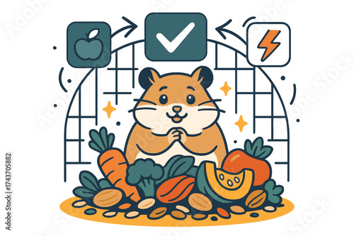 Nutrient-Packed Hamster Haven. Balanced diet. Hamster surrounded by glowing pile of seeds, nuts, and veggies inside cage. Floating icons of nutrition and