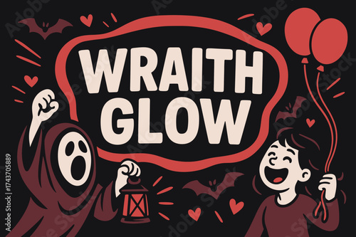 Wraith Glow Celebration. Wraith Glow banner, flat vector illustration, bold oversized text inside rounded blob, cartoon characters shouting and laughing near