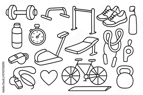 Exercise Doodle Icons. Exercise. Hand-drawn doodle illustration exercise dumbbell, push-up bar, pull-up bar, running shoes, stopwatch, water bottle, treadmill,