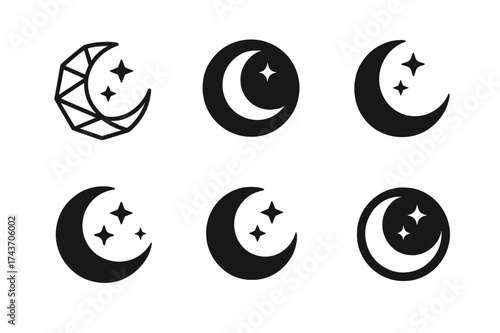 Moon-Star Logo Variations. Letting go of stress from the day. Set Logo of moon and stars: night sky symbol of calmness and rest. harmonious logo variations of