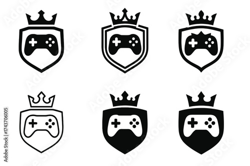 Champion Badge Logos. Digital gaming leagues. Set Logo of champion badge: shield with controller and crown. harmonious logo variations of the same emblematic
