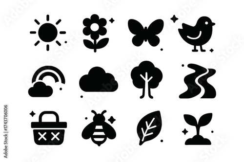 Spring Icon Grid. Spring day. Solid icons set of Spring day: sun, flower, butterfly, bird, rainbow, cloud, tree, river, picnic basket, bee, leaf, sprout.