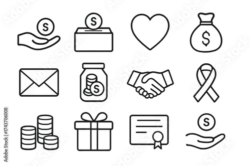 Charity Icon Set. Charity and donations. Line icon set of charity and donations: hand giving coin, donation box, heart, money bag, envelope, jar with coins,